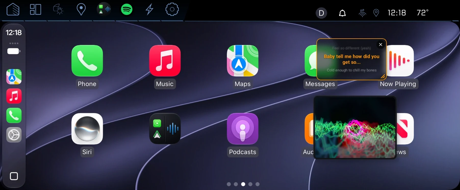 CarPlay home screen on a car's display, with MCEqual Ultra's floating lyrics and visualizer cards