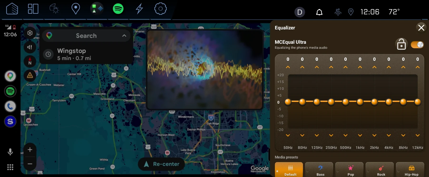 Equalizer side bar open beside Android Auto's Google Maps