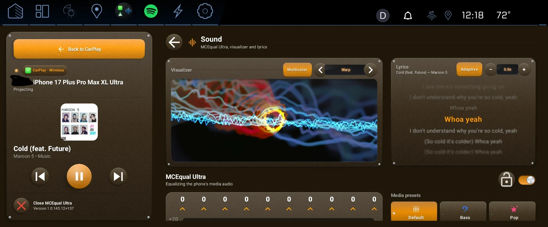 MCEqual Ultra Sound page with visualizer, lyrics and equalizer next to the now playing panel